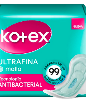 TOALLA FEMENINA KOTEX ULTRAFINA DIA MALLA ANTIBACTERIAL 16 UNIDADES