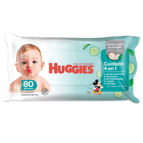 TOALLITAS HUMEDAS HUGGIES ONE AND DONE 80U SUAVE PEPINO Y TE VERDE